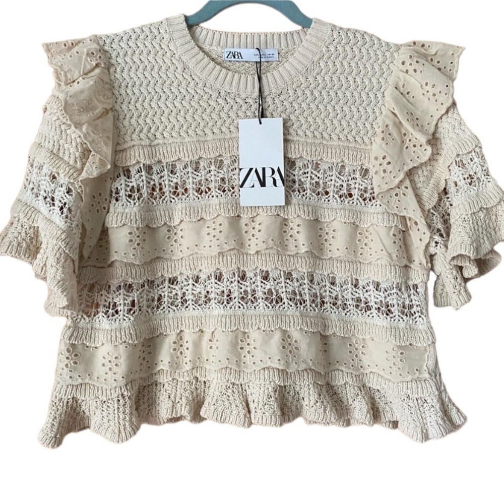 Zara Cream Chunky Layered Crochet Eyelet Boho Cottagecore Short Sleeve Sweater